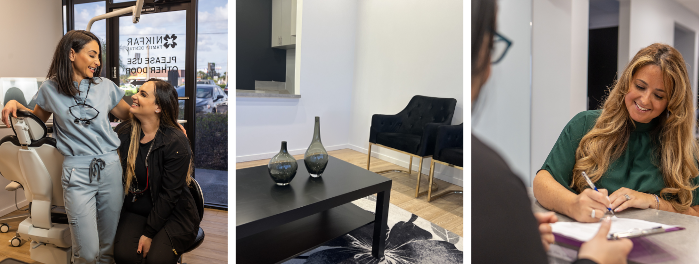 Collage of the Nikfar Family Dental office and team